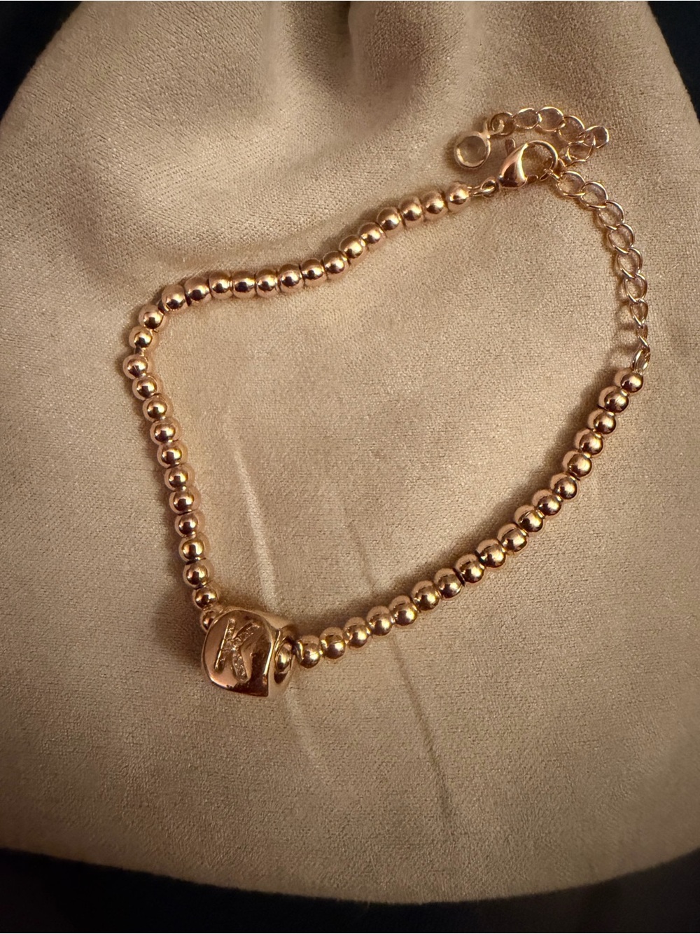 Gold Bead Bracelet with Engraved K and heart Accent